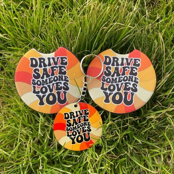 Boho Drive Safe Car Coaster & Keychain Set | Car Accessories | Car Decor - Picture 1 of 16